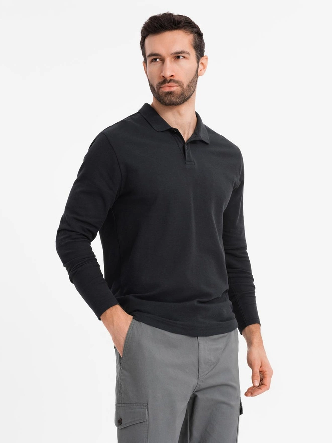 Pánské polo tričko BASIC s límečkem a dlouhým rukávem - černé V2 OM-POBL-0114