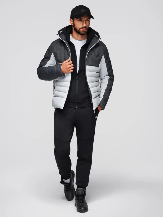 Men's quilted jacket with detachable hood - graphite and white V3 OM-JALP-0206