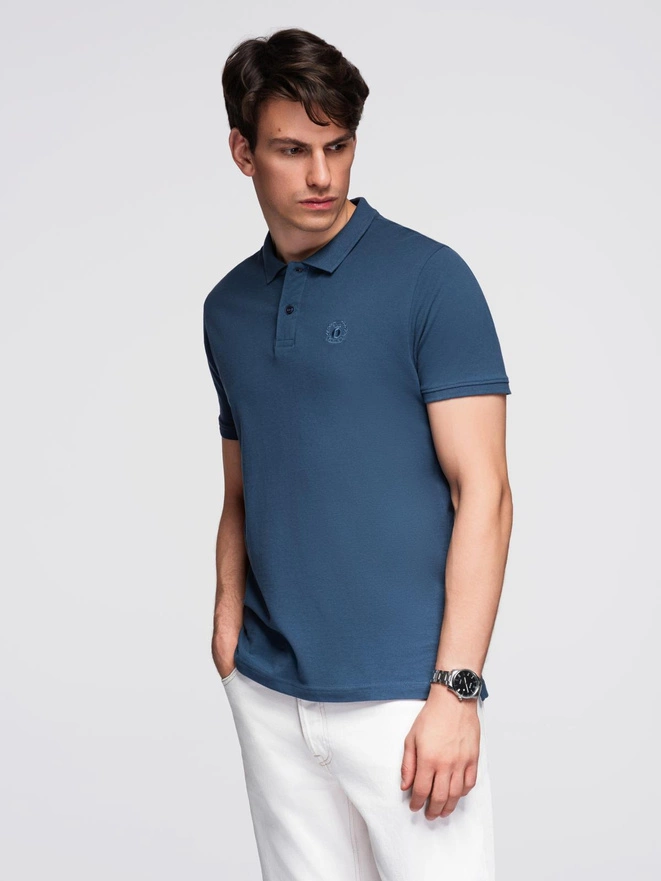 Tricou polo BASIC pentru bărbați, tricou piqué monocolor - albastru închis V13 OM-POBS-0100