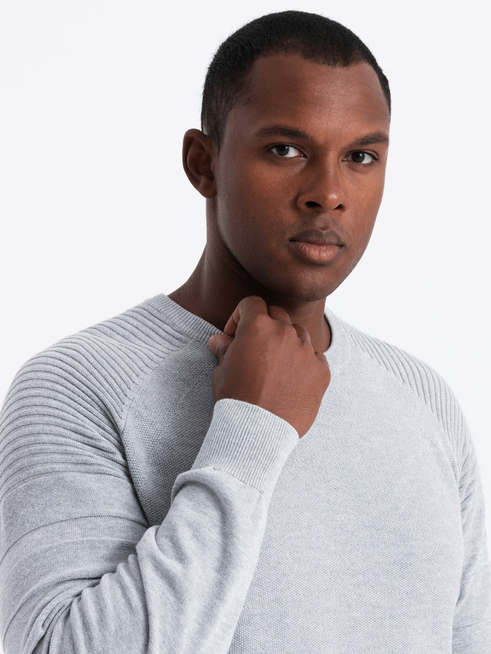 Pulover raglan pentru bărbați cu mâneci cu nervuri - gri melange V3 OM-SWSW-0144