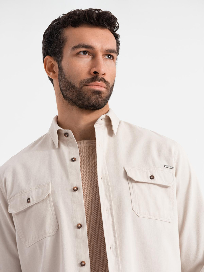 Men's REGULAR FIT cotton shirt with buttoned pockets - cream V1 OM-SHCS-0146