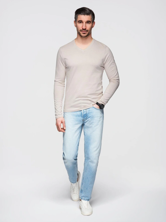 Men's unprinted longsleeve with v-neck - light beige V1 OM-LSBL-0108
