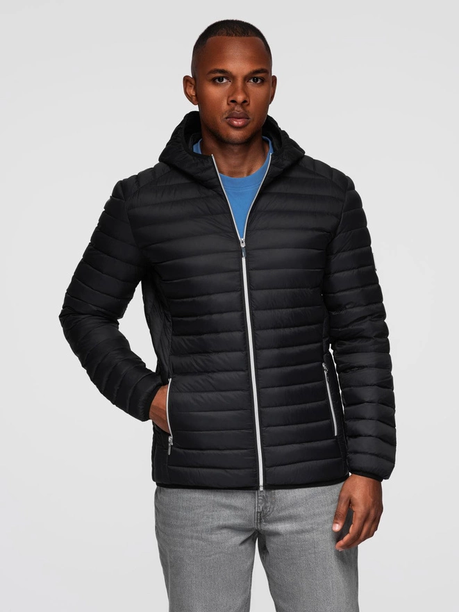 Men's quilted jacket with combined materials and hood - navy blue V3 OM-JALJ-0266