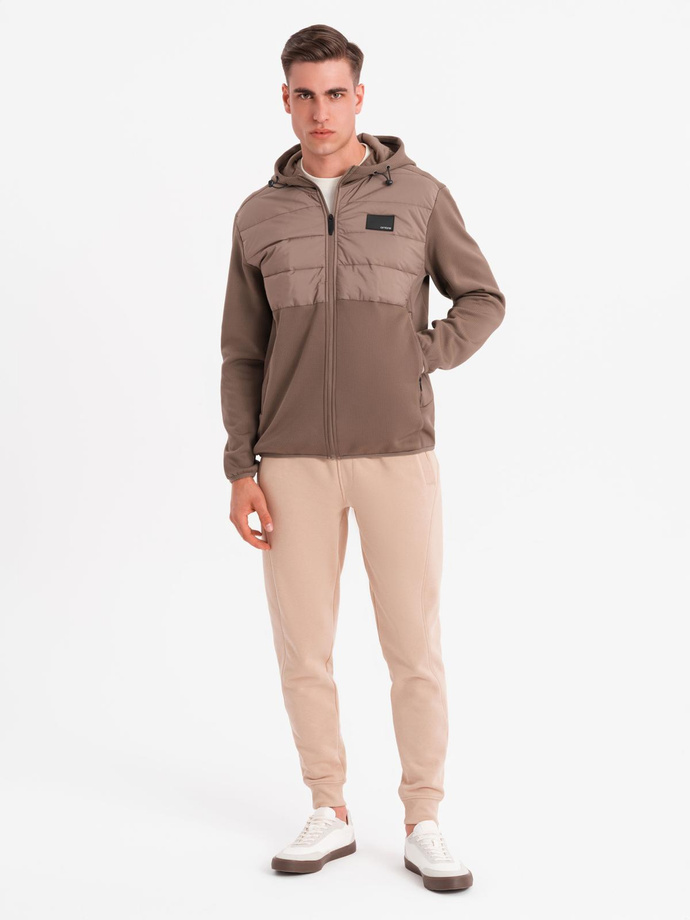 Men's lightweight jacket of combined materials with hood and decorative quilting - light brown V2 OM-JANP-0160