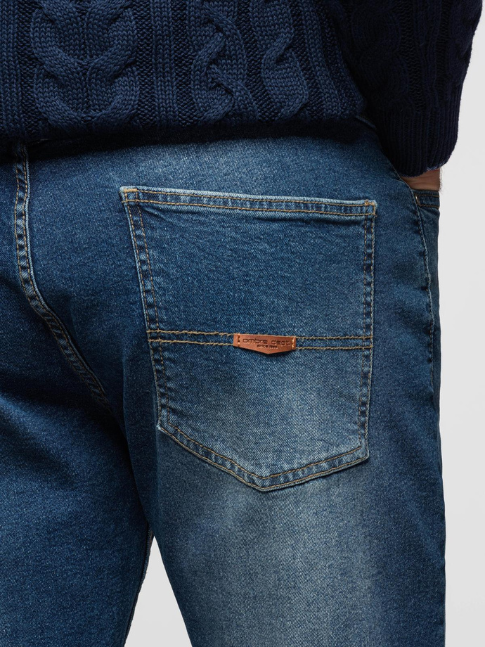 Pánske džínsové nohavice REGULAR FIT s odieraním - tmavomodré V2 OM-PADP-0254
