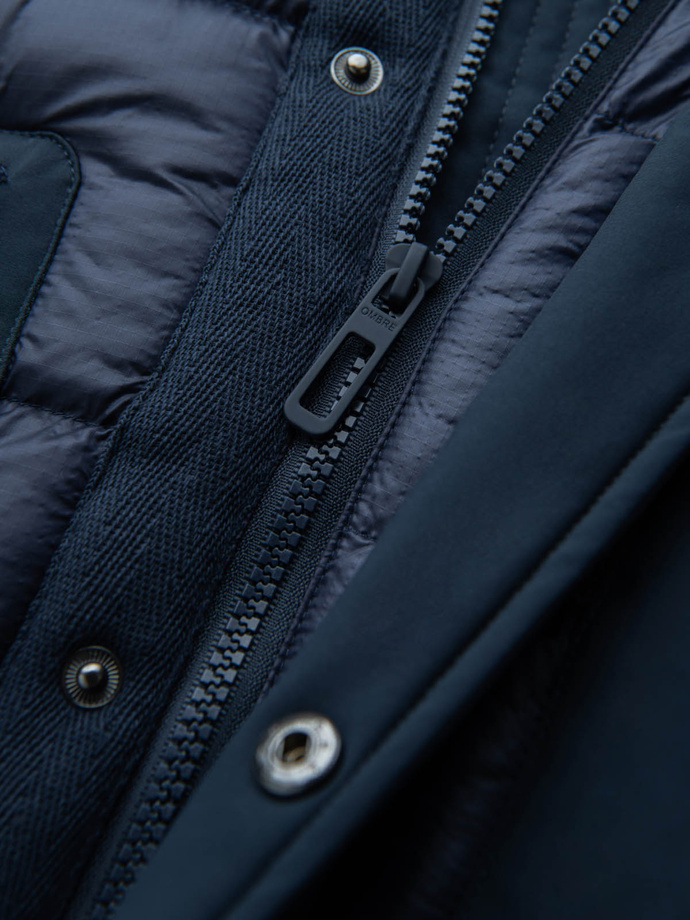 Jachetă lungă matlasată pentru bărbați cu buzunare mari - albastru marin V4 OM-JALJ-0165