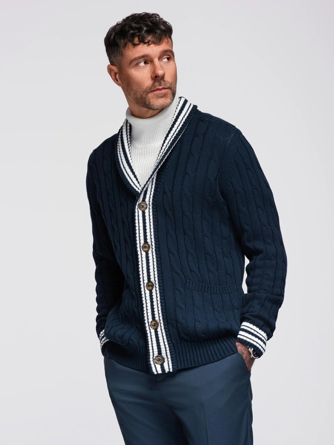 Men's cardigan sweater with shawl collar in preppy style - navy blue V4 OM-SWCD-0152