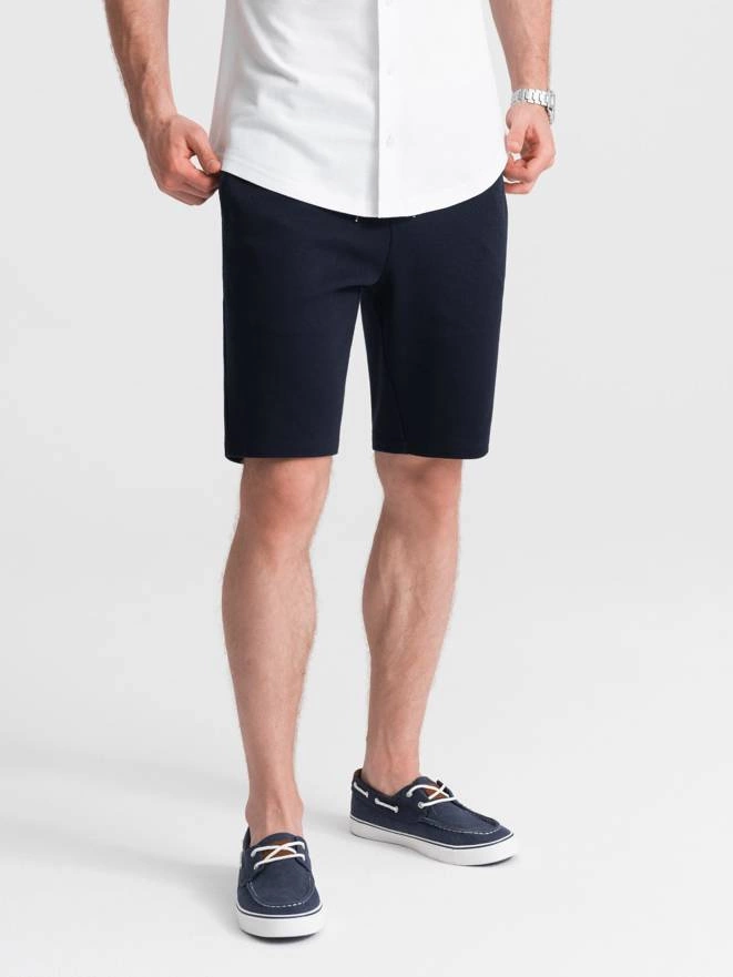 Men's knitted shorts with decorative elastic waistband - navy blue V1 OM-SRCS-0110