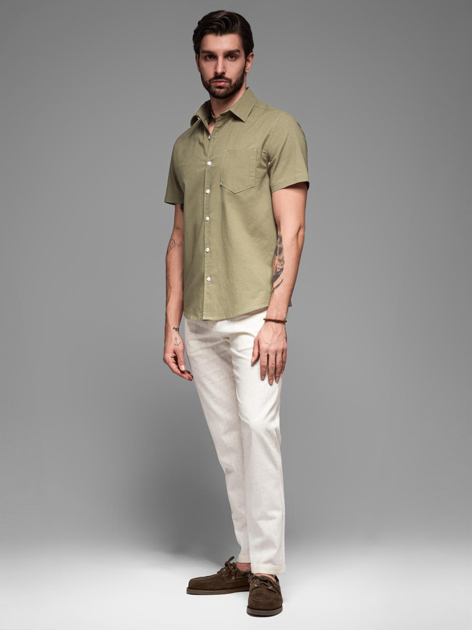 Men's short sleeve cotton and linen shirt with pocket - olive V6 OM-SHSS-0167