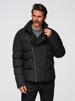 Men's quilted jacket with cut of ramoneski with hood - black V1 OM-JAHP-0252