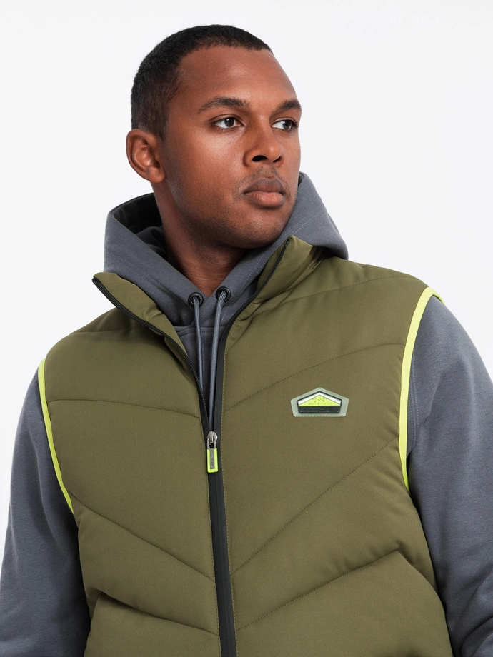 Men's quilted sleeveless jacket with neon accents - olive V5 OM-JAVJ-0210