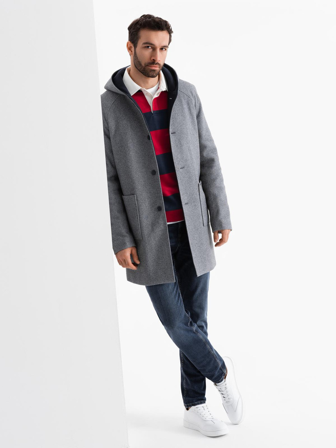 Men's melange long coat with hood - grey V1 OM-COWC-0122