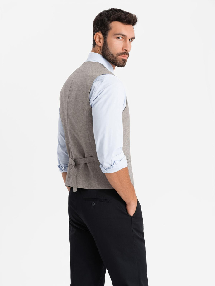 Kamizelka męska garniturowa z kołnierzem - beżowa V3 OM-BLZV-0109