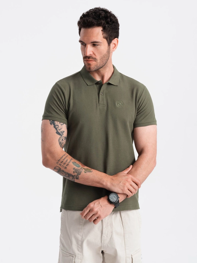 Men's BASIC single-color pique knit polo shirt - dark olive green V6 OM-POBS-0100