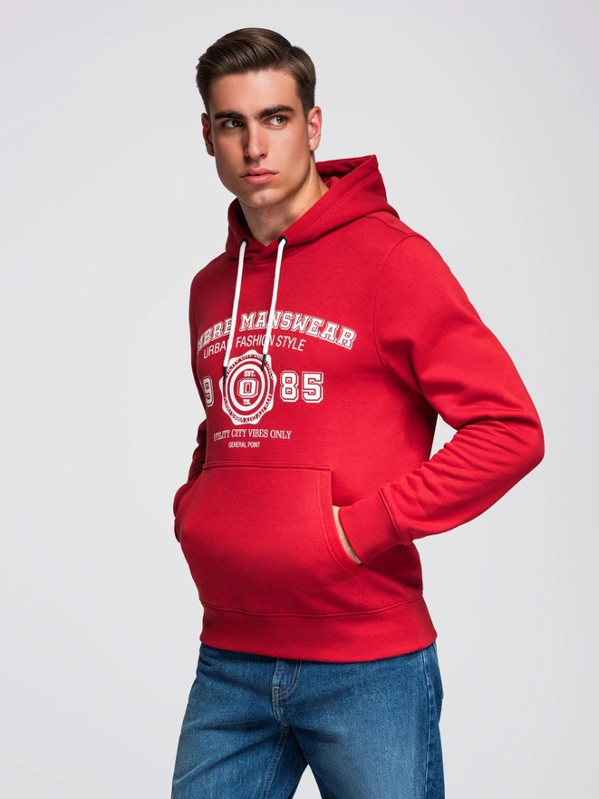 Men's college style printed kangaroo hoodie - red V1 OM-SSPS-0143