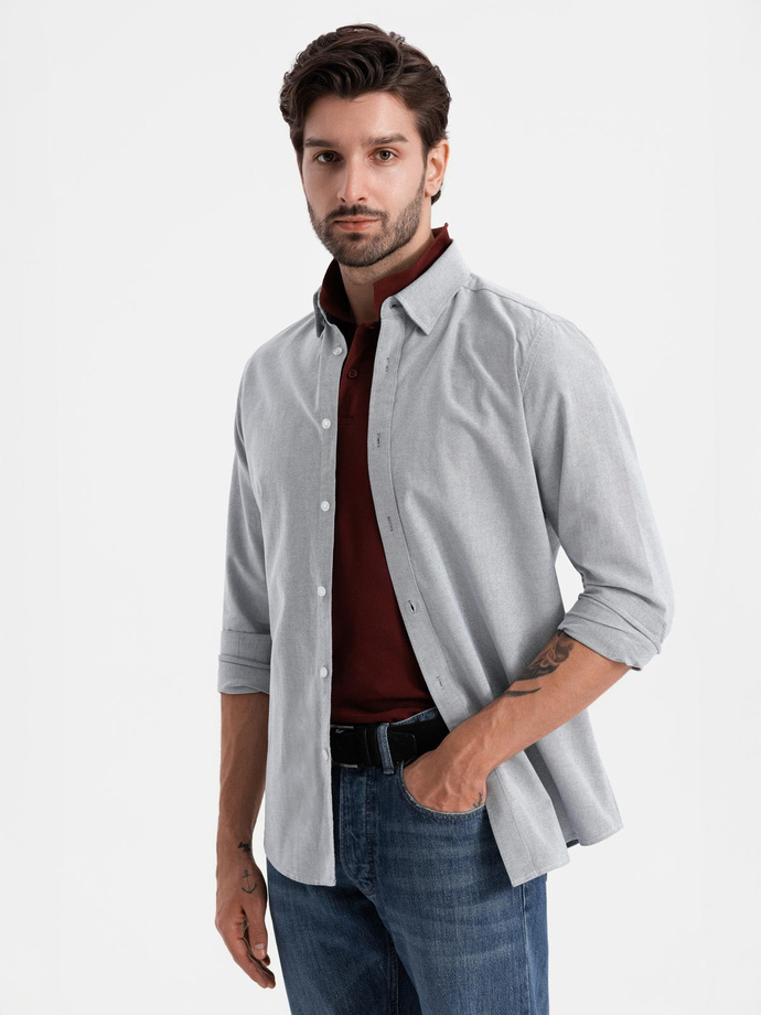 Cămașă oxford elegantă pentru bărbați cu broderie - gri deschis V2 OM-SHOS-0172