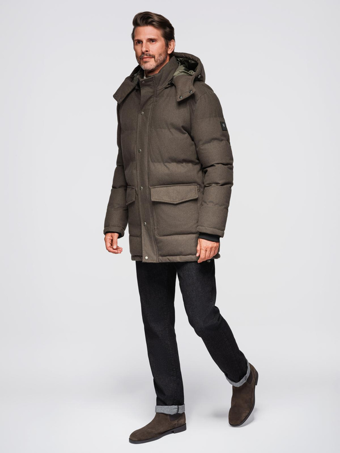 Pánska dlhá teplá bunda parka s vlnou - tmavosivá melanž V4 OM-JALJ-0217
