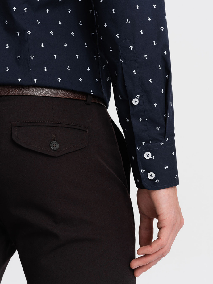 Pánska klasická bavlnená košeľa SLIM FIT s kotvami - tmavomodrá V2 OM-SHCS-0156