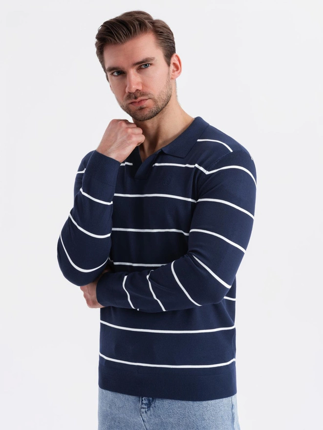 Men's horizontal striped polo longsleeve with viscose - navy blue and white V1 OM-POLS-0146