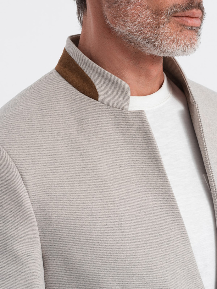 Vyriška melanžinė striukė iš dirbtinio pluošto su atsegama apykakle - smėlio spalvos melanžas V3 OM-BLZB-0131