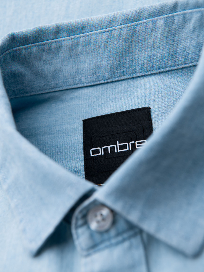 Men's denim shirt with embroidered pocket - light blue V1 OM-SHDS-0181