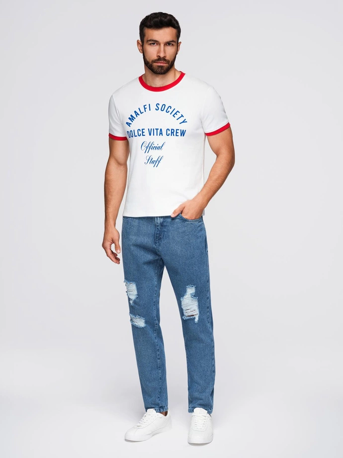 Vyriškos džinsinės kelnės CARROT FIT su trintais kraštais - mėlynos V2 OM-PADP-0250