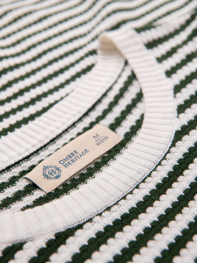 Pánske námornícke pruhované pletené tričko s ažurovou väzbou - olivová a biela V3 OM-TSCT-0255