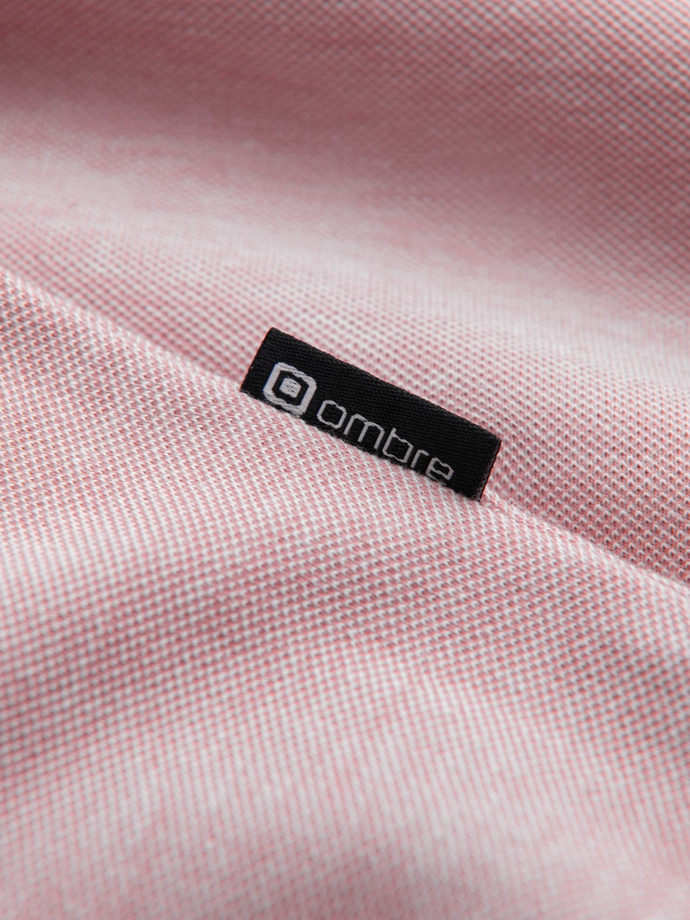 Melange men's polo shirt with striped collar - pink V2 OM-POSS-0109