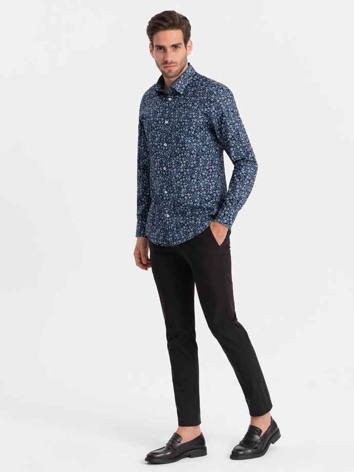 Pánske bavlnené tričko SLIM FIT so vzorom - tmavomodré V1 OM-SHCS-0151