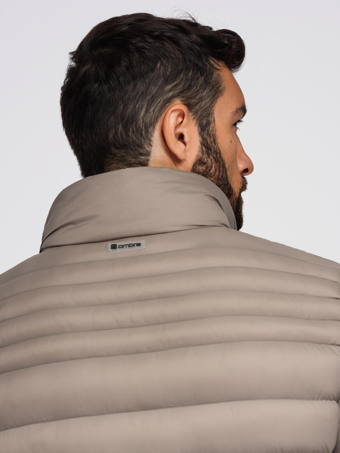 Men's quilted jacket with two fasteners - dark beige V4 OM-JALP-0231