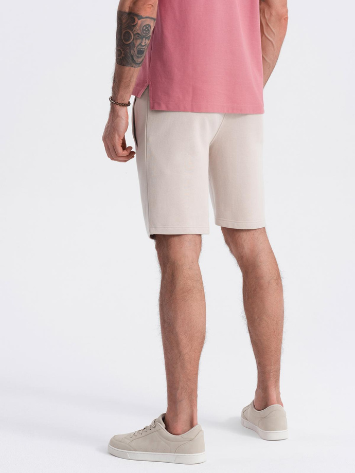 Men's knit shorts with drawstring and pockets - light beige V1 OM-SRBS-0139