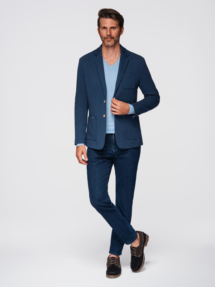 Men's SLIM knit jacket with subtle texture - dark blue V6 OM-BLZB-0101