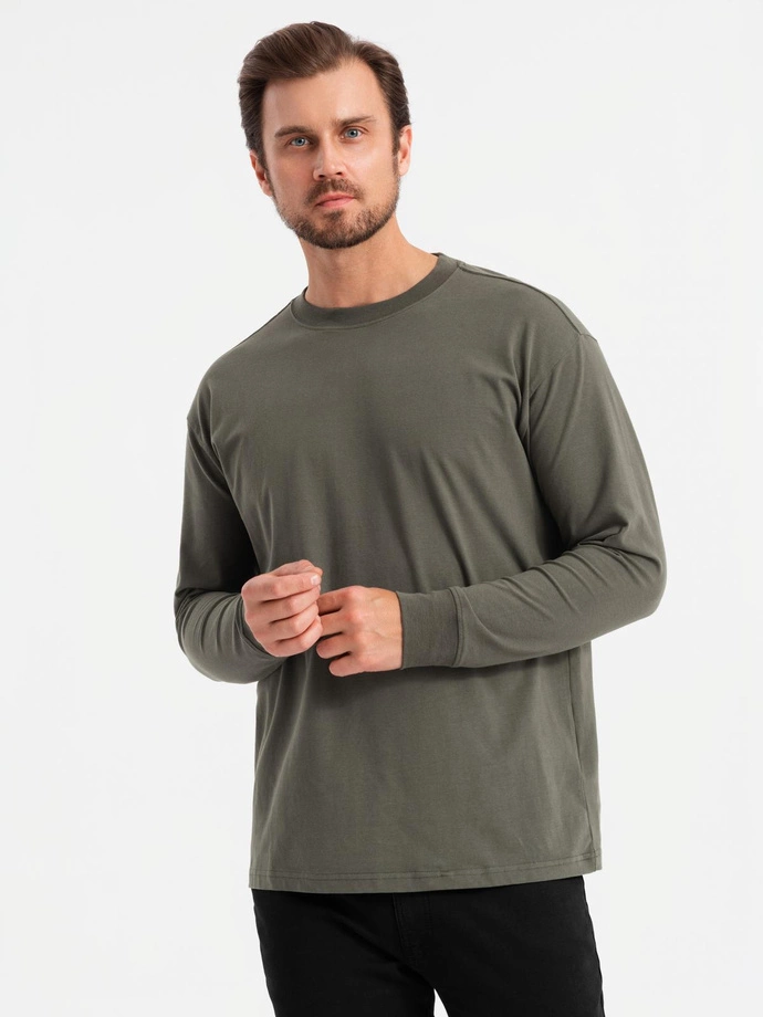 Men's cotton LOOSE FIT longsleeve with round neckline - gray-green V3 OM-LSBC-0129