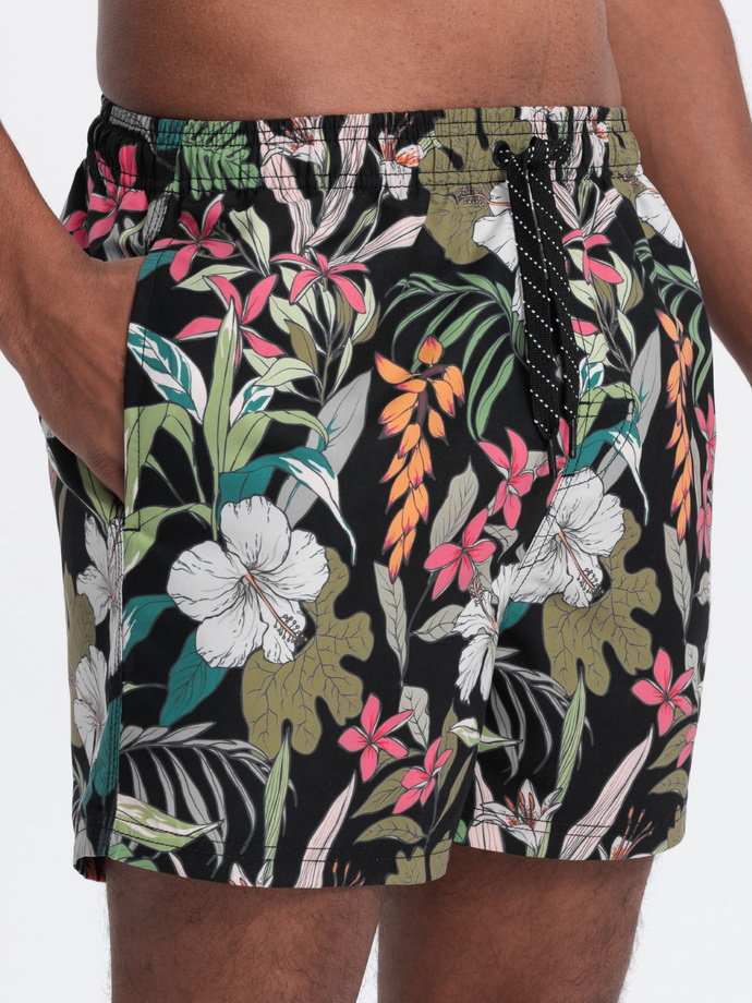 Pantaloni scurți de baie cu flori pentru bărbați - negru V3 OM-SRBS-0140