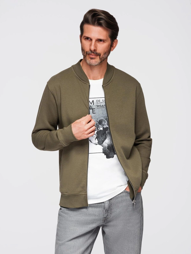 Cotton unbuttoned men's sweatshirt bomber - khaki V1 OM-SSZP-0215