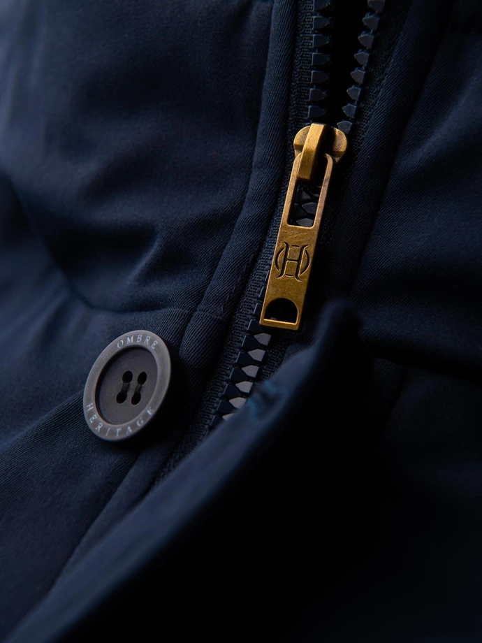 Elegantní pánská parka s kapsami a kapucí - tmavě modrá V2 OM-JAPJ-0287