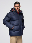 Men's puffer jacket with check lining - navy blue V1 OM-JAHP-0205