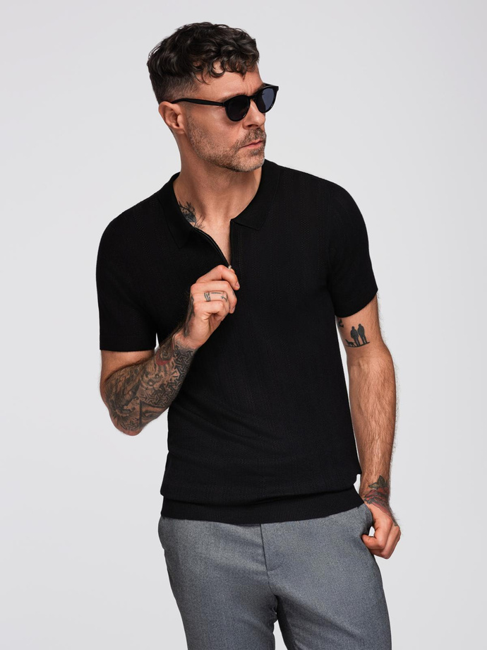 Tricou polo pentru bărbați cu fermoar la decolteu - negru V2 OM-POSS-0158