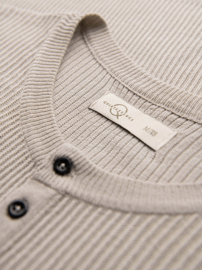 Men's ribbed sweater with buttons at the neckline - beige V3 OM-SWSW-0182