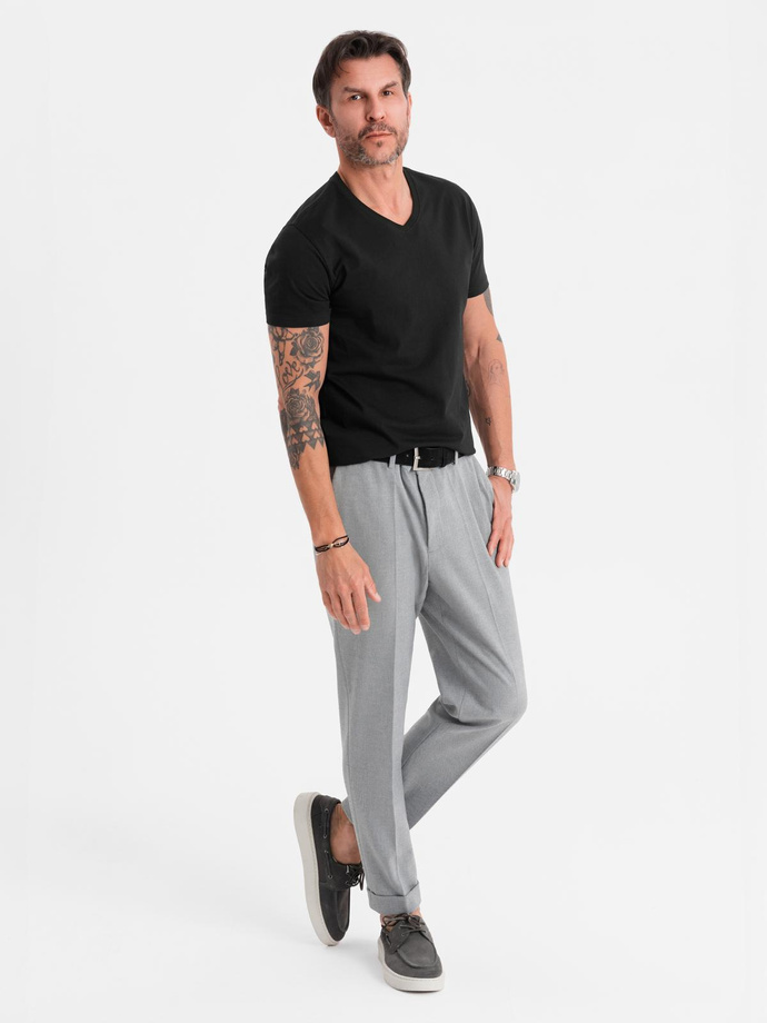 Bumbac clasic pentru bărbați BASIC tricou cu guler în V - maro V10 OM-TSBS-0145