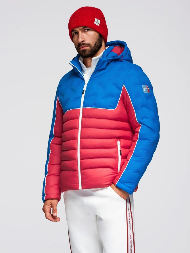 Men's quilted jacket with detachable hood - blue and red V1 OM-JALP-0206