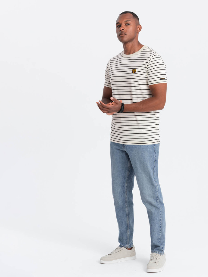 Men's striped t-shirt with patch by Ombre Design - cream and black V1 OM-TSCT-0183