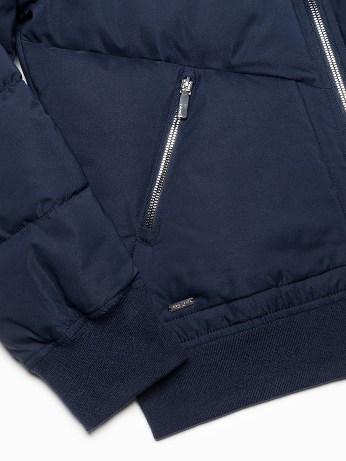 Jachetă bomber matlasată pentru bărbați cu fermoare metalice - albastru marin V2 OM-JALP-0143