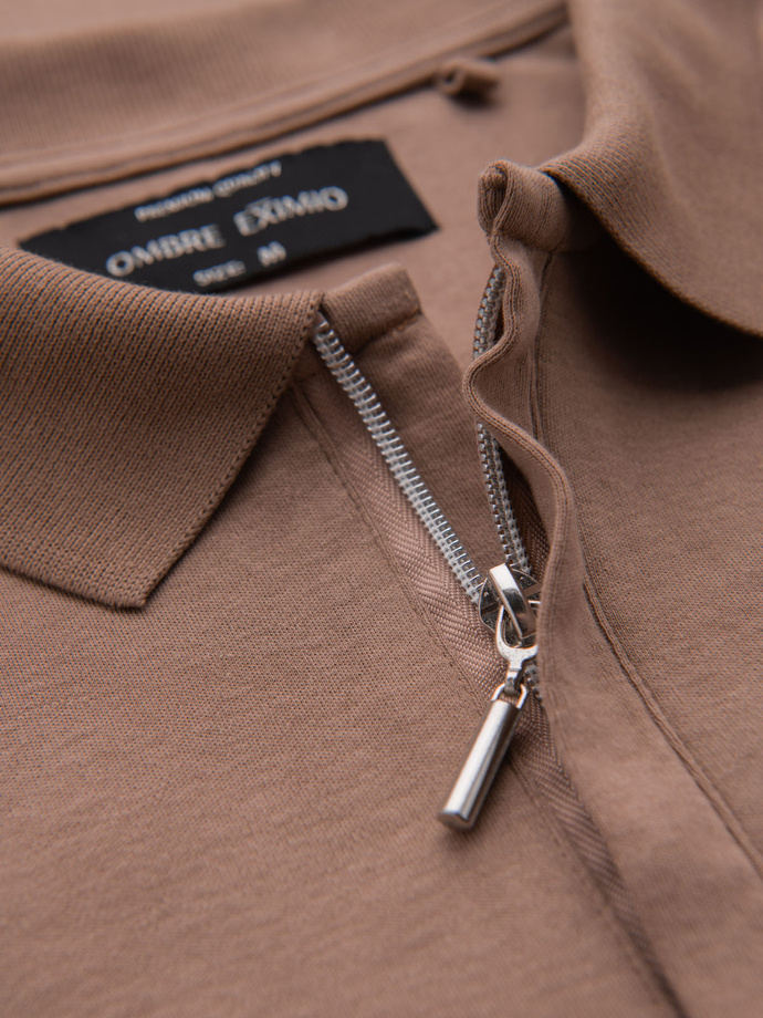 Men's polo shirt with zipper neckline - light brown V3 OM-POSS-0148