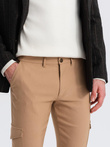 Men's REGULAR fabric pants with cargo pockets - light brown V4 OM-PACG-0178