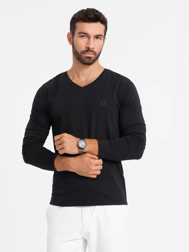 men's V-neck SLIM FIT ongsleeve with elastane and print - black V1 OM-LSBC-0123