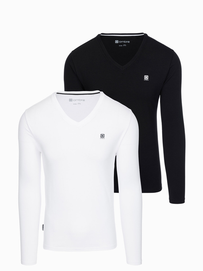 Set of 2x men's SLIM FIT longsleeve with V neckline and logo - mix white/black V4
