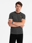 Men's striped t-shirt with patch by Ombre Design - black and white V2 OM-TSCT-0183