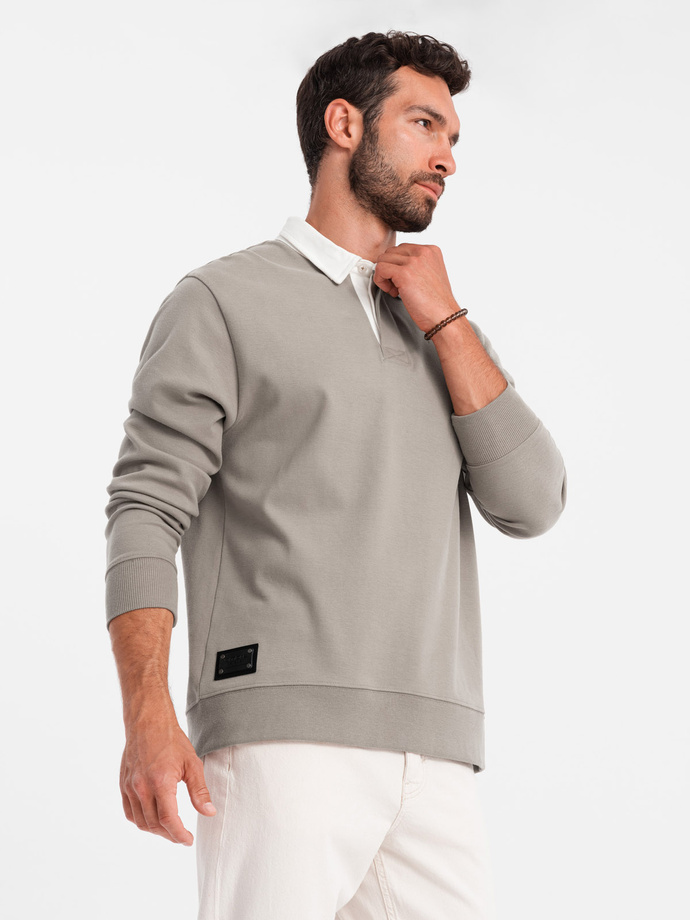 Men's sweatshirt with white polo collar - dark beige V2 OM-SSNZ-0132
