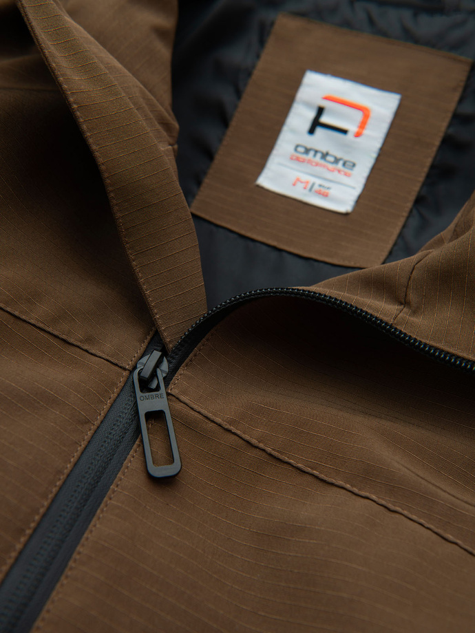 Men's lightweight storm jacket with hood - brown V2 OM-JANP-0191